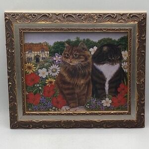 Framed Art Print Two Fluffy Cats by Anne Mortimer Garden Wall Decor 13"Lx11"H